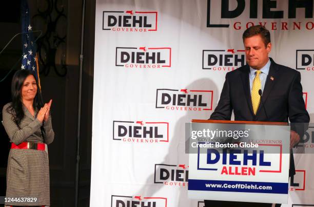 Boston, MA Geoff Diehl gives his concession speech after being defeated in the 2022 Massachusetts Gubernatorial race, while Lieutenant Governor...