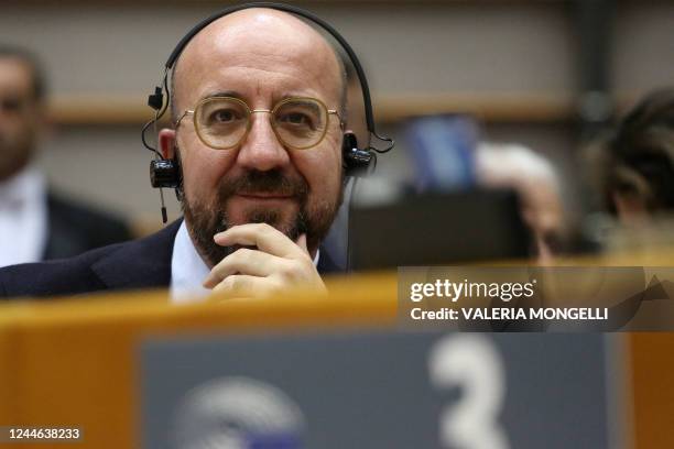 President of the European Council Charles Michel reacts during a mini plenary session at the European Parliament in Brussels on November 9, 2022.