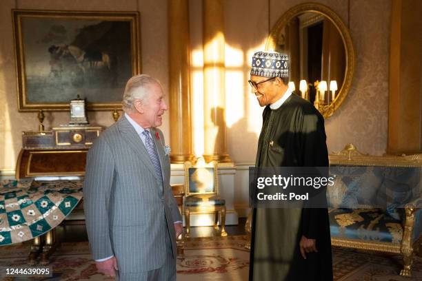 King Charles III holds an audience with the President of Nigeria Muhammadu Buhari at Buckingham Palace on November 9 in London, England.