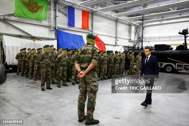 French President Emmanuel Macron meets soldiers of the French Commando Hubert, a special forces unit of the French Navy, in Saint-Mandrier-sur-Mer,...