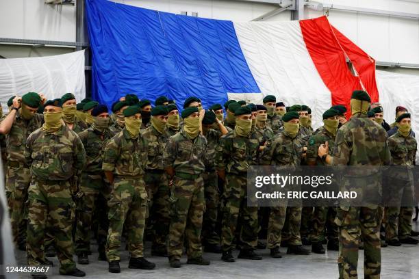 Soldiers of the French Commando Hubert, a special forces unit of the French Navy, wait prior to the arrival of French President in...
