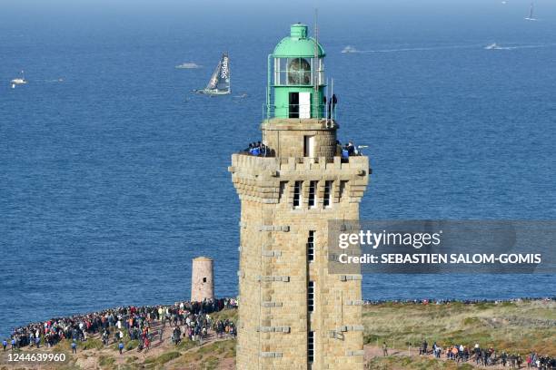 French skipper Thomas Coville sails off Le Cap Frehel on his ultim multihull Sodebo at the start of the Route du Rhum solo sailing race, in Plevenon...