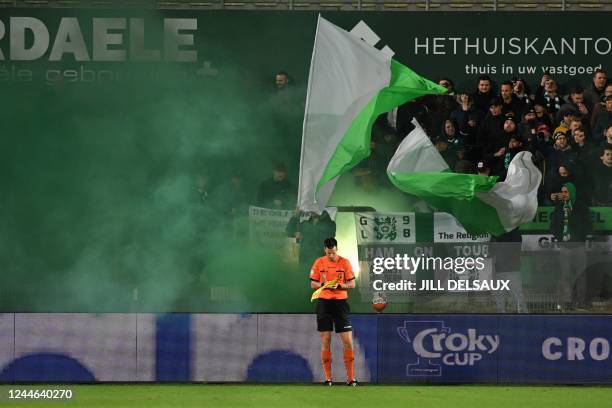 Illustration picture shows supporters with fireworks and smoke bombs during a Croky Cup 1/16 final game between Lommel SK and Zulte Waregem, in...