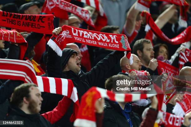 Liverpool fans sing Youll Never Walk Alone during the Carabao Cup Third Round match between Liverpool and Derby County at Anfield on November 9, 2022...
