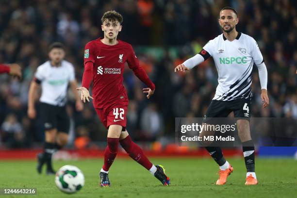 Bobby Clark of Liverpool and Conor Hourihane of Derby during the Carabao Cup Third Round match between Liverpool and Derby County at Anfield on...