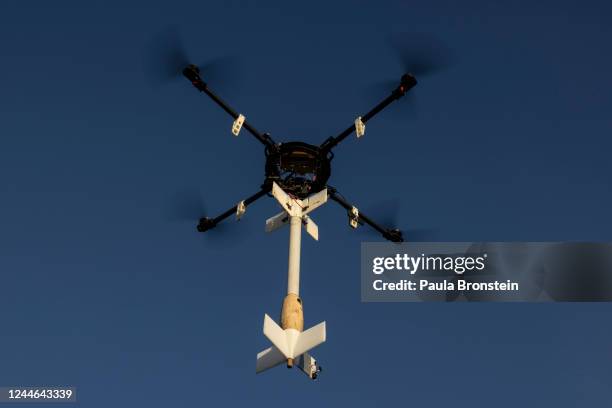 Homemade prototype drone is tested with fake RPG -7 grenade in a field outside the city on November 9, 2022 in Kyiv, Ukraine. Drone startups along...