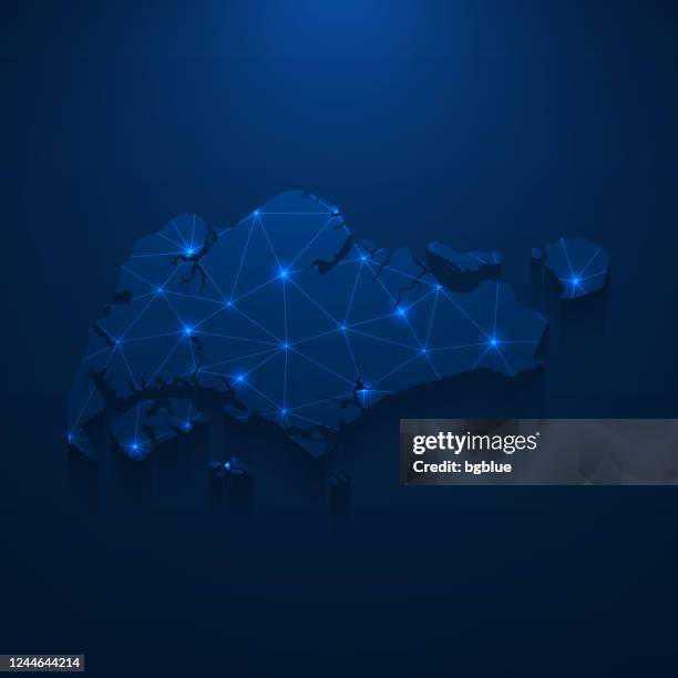 singapore map network - bright mesh on dark blue background - singapore stock illustrations