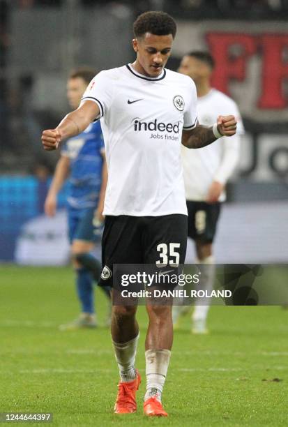 Frankfurt's Brazilian defender Tuta celebrates after the German first division Bundesliga football match between Eintracht Frankfurt and TSG 1899...