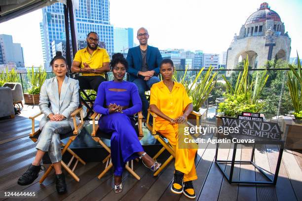 Director Ryan Coogler, Producer Nate Moore, Mabel Cadena, Lupita Nyongo and Letitia Wright pose for a photo during the Twitter Live with the cast of...