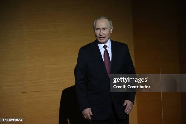 Russian President Vladimir Putin leaves the scene during the award ceremony marking the 75th anniversary of Russia's Federal Medical-Biological...