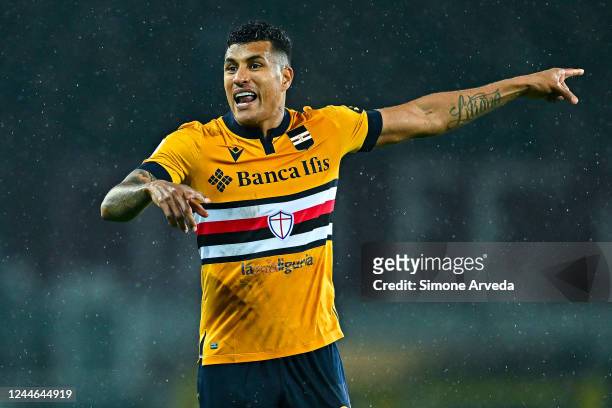 Jeison Murillo of Sampdoria reacts during the Serie A match between Torino FC and UC Sampdoria at Stadio Olimpico di Torino on November 9, 2022 in...