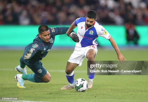 Blackburn Rovers' Dilan Markanday goes past West Ham Uniteds Alphonse Areola but failed to score during the Carabao Cup Third Round match between...