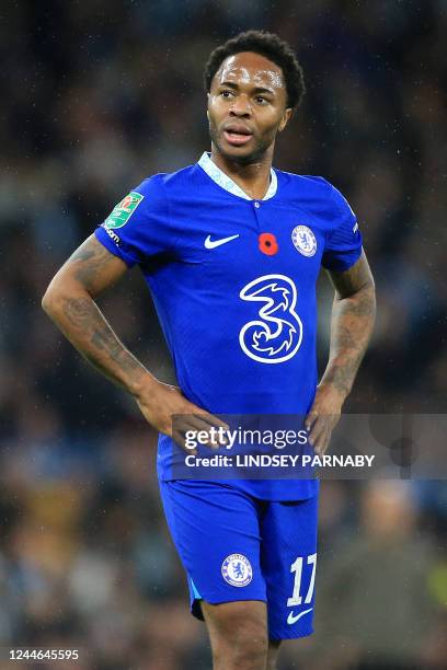 Chelsea's English midfielder Raheem Sterling looks on after the final whistle of the English League Cup third round football match between Manchester...