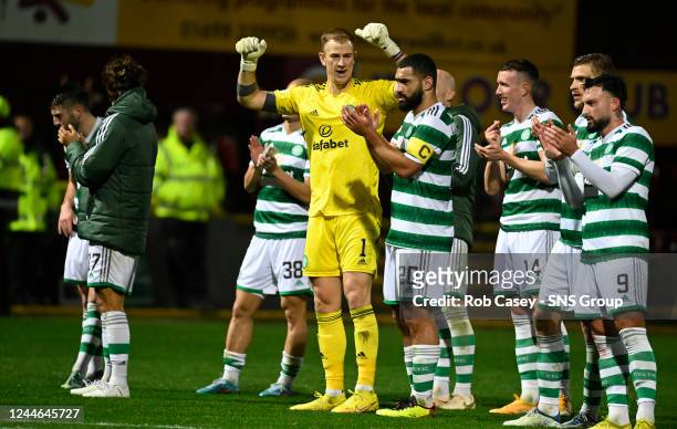 Celtic players celebrate at full time during a cinch Premiership match between Motherwell and Celtic at Fir Park, on November 09 in Motherwell,...