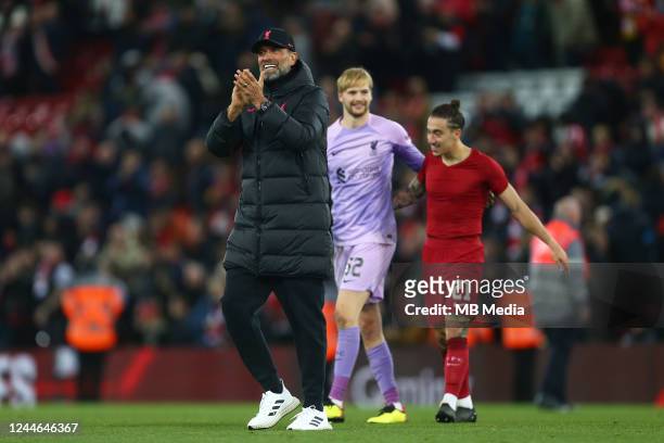 Manager of Liverpool, Jurgen Klopp applauds the fans during the Carabao Cup Third Round match between Liverpool and Derby County at Anfield on...