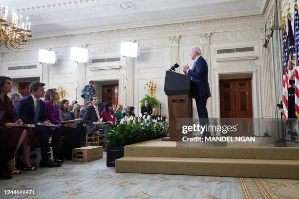 President Joe Biden speaks during a press conference a day after the US midterm elections, from the State Dining Room of the White House in...