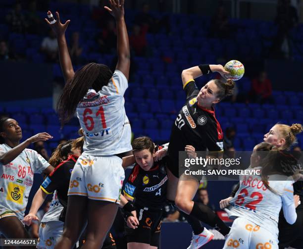 Germany's Emily Bolk shoots during the preliminary round match between Germany and Spain at the Women's EHF Handball European Championship EURO 2022...