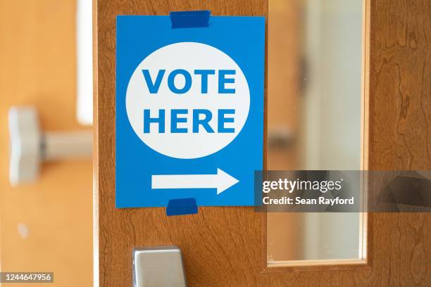 Sign directing voters at a polling location on November 8, 2022 in Clemmons, North Carolina, United States. After months of candidates campaigning,...