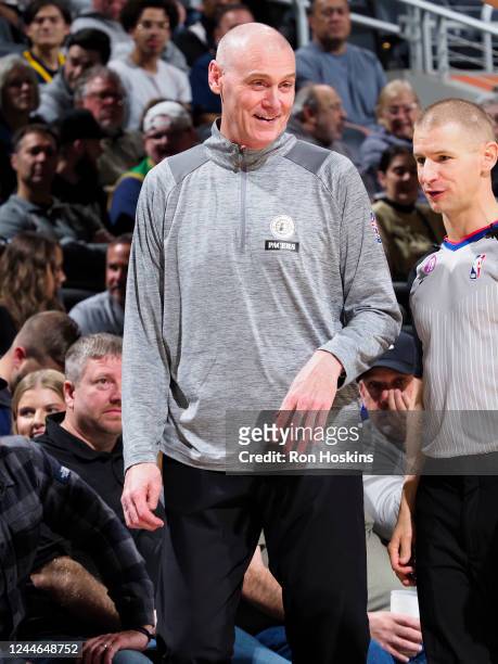 Head Coach of Rick Carlisle of the Indiana Pacers talks to official before the game against the Denver Nuggets on November 9, 2022 at Gainbridge...