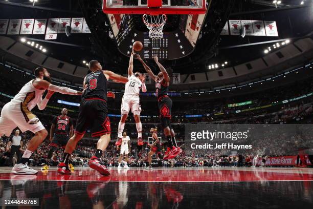 Jose Alvarado of the New Orleans Pelicans drives to the basket during the game against the Chicago Bulls on November 9, 2022 at United Center in...