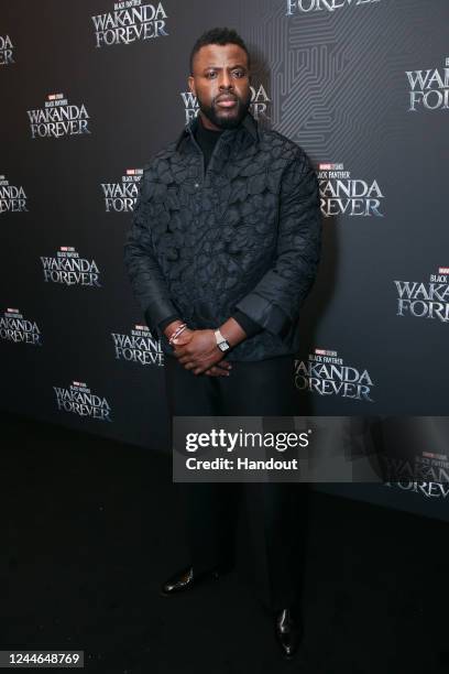 In this image provided by Winston Duke, Winston Duke attends the Black Panther tour at Odeon Luxe Leicester Square on November 4 in London, England,