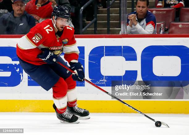 Eric Staal of the Florida Panthers skates with the puck during the first period against the Carolina Hurricanes at the FLA Live Arena on November 9,...