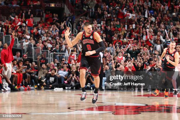 Nikola Vucevic of the Chicago Bulls celebrates a three point basket during the game against the New Orleans Pelicans on November 9, 2022 at United...