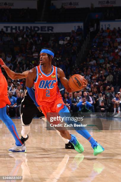 Shai Gilgeous-Alexander of the Oklahoma City Thunder drives to the basket during the game against the Milwaukee Bucks on November 9, 2022 at Paycom...