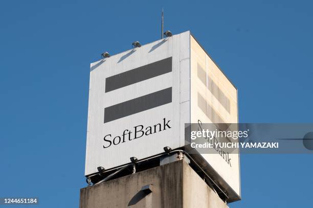 This picture taken on November 9, 2022 shows signage for Japanese firm Softbank in Tokyo. - Softbank Group are expected to announce their second...