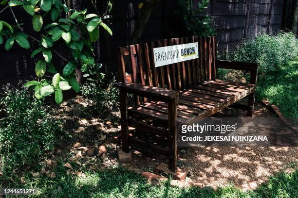 Bench at the offices of Psychiatric Professor Dixon Chibanda, the founder and CEO of Friendship Bench in Harare on November 2, 2022. - A Zimbabwean...
