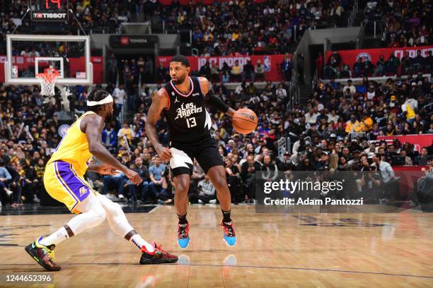 Paul George of the LA Clippers handles the ball during the game against the Los Angeles Lakers on November 9, 2022 at Crypto.Com Arena in Los...