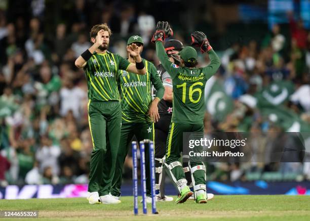 Shaheen Shah Afridi of Pakistan celebrates after taking wicket of Kane Williamson? of New Zealand during the ICC Men's T20 World Cup Semi Final match...