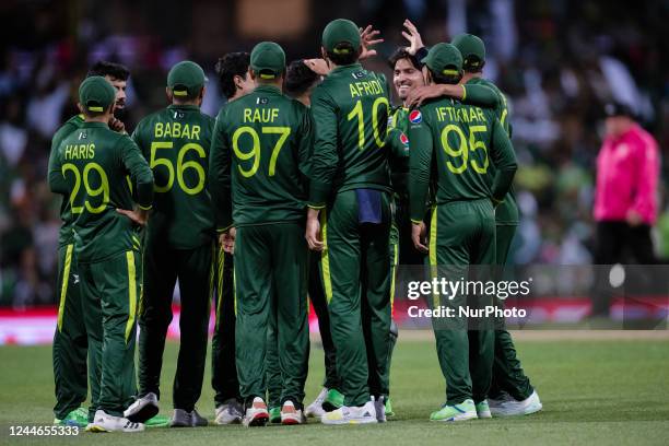 Pakistan team celebrates wicket of Glenn Phillips of New Zealand during the ICC Men's T20 World Cup Semi Final match between Pakistan and New Zealand...