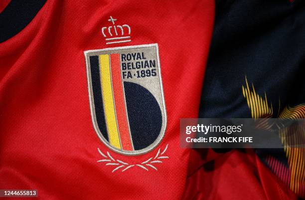 Picture taken on November 8, 2022 in Paris, shows the logo on a jersey of the Belgium national football team for the Football FIFA World Cup 2022 in...
