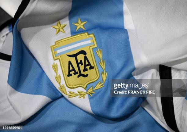 Picture taken on November 8, 2022 in Paris, shows the logo on a jersey of the Argentina national football team for the Football FIFA World Cup 2022...
