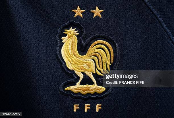 Picture taken on November 8, 2022 in Paris, shows the logo on a jersey of the France national football team for the Football FIFA World Cup 2022 in...