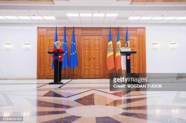 Moldova's President Maia Sandu and European Commission President Ursula von der Leyen hold a joint press conference following their talks in Chisinau...