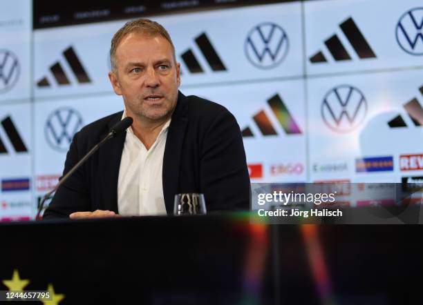 Hansi Flick, head coach of the Germany national soccer team, speaks during a press conference, as he announces the squad for the FIFA World Cup Qatar...