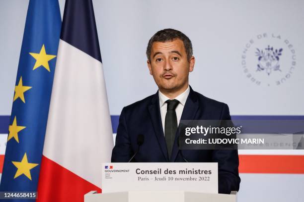 French Interior Minister Gerald Darmanin speaks to the press after the weekly cabinet meeting at The Elysee Presidential Palace in Paris on November...