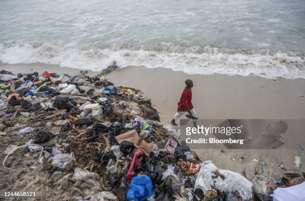 Piles of discarded textile waste on the shores of Chorkor beach in Accra, Ghana, on Friday, Sept. 16, 2022. The rise of fast fashionand shoppers...