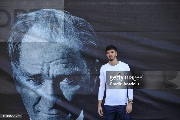Fenerbahce's goalkeeper Altay Bayindir poses in front of a portrait of Ataturk within the commemorations of Mustafa Kemal Ataturk, founder of the...