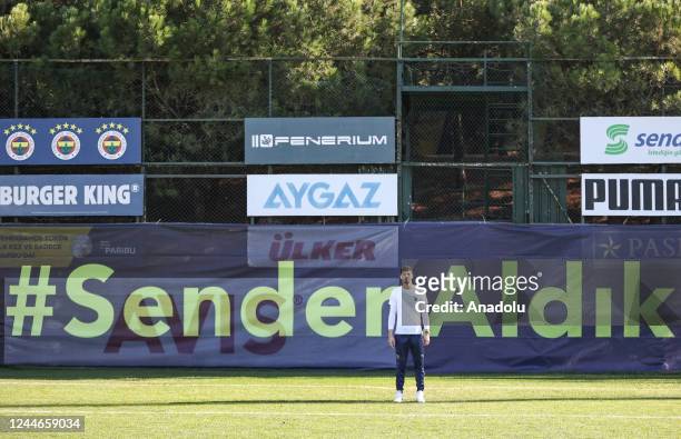 Fenerbahce's goalkeeper Altay Bayindir poses within the commemorations of Mustafa Kemal Ataturk, founder of the Republic of Turkiye, during the 84th...