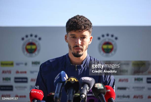 Fenerbahce's goalkeeper Altay Bayindir speaks to press within the commemorations of Mustafa Kemal Ataturk, founder of the Republic of Turkiye, during...