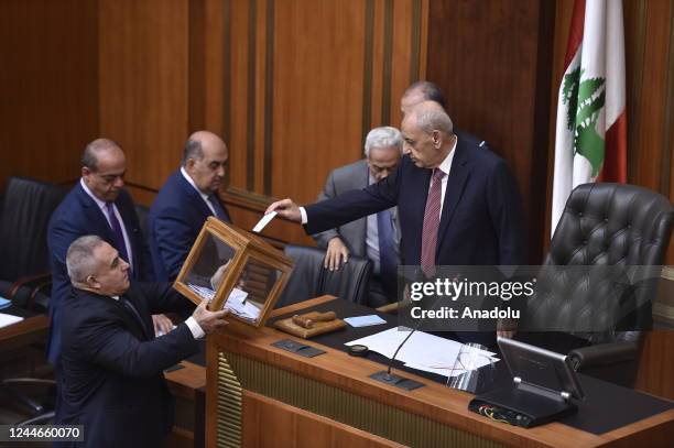 Speaker of the Parliament of Lebanon, Nabih Berri votes during a session at the parliament as Lebanese parliament fails again to elect th 14th...