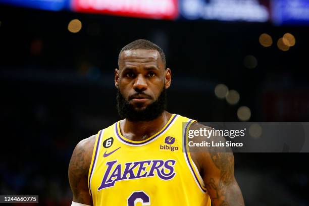 Lakers forward LeBron James checks back into the game against the Clippers at Crypto.com Arena in Los Angeles on Wednesday night, NovL . 9, 2022.