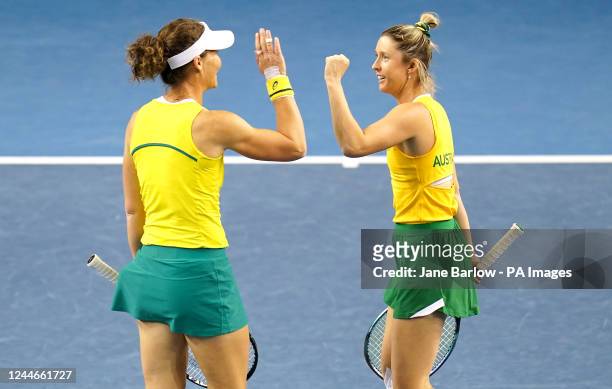 Australia's Samantha Stosur and Storm Sanders celebrate winning the first set in the doubles match during day three of the Billie Jean King Cup Group...