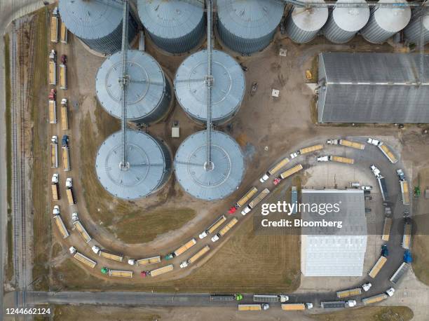 Trucks transport grains at the Port of Greenville in Greenville, Mississippi, U.S., on Tuesday, Nov. 1, 2022. The Mississippi River the immense,...