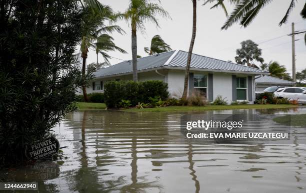 Private Property, No trespassing on a flooded street after Hurricane Nicole landfall, in Vero Beach, Florida, on November 10, 2022. - Tropical Storm...