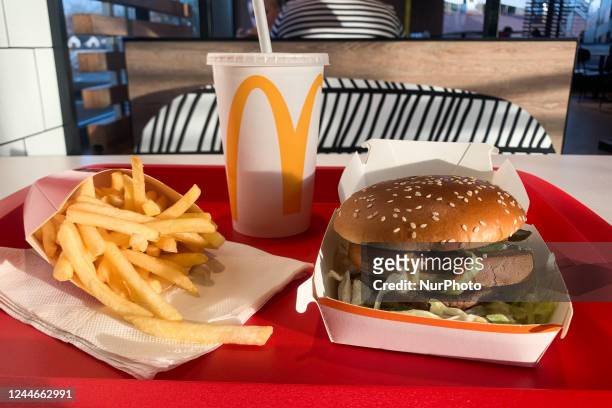 Tray with Big Mac, french fries and Coca-Cola is seen on a table in this illustration photo taken in McDonald's restaurant in Krakow, Poland on...
