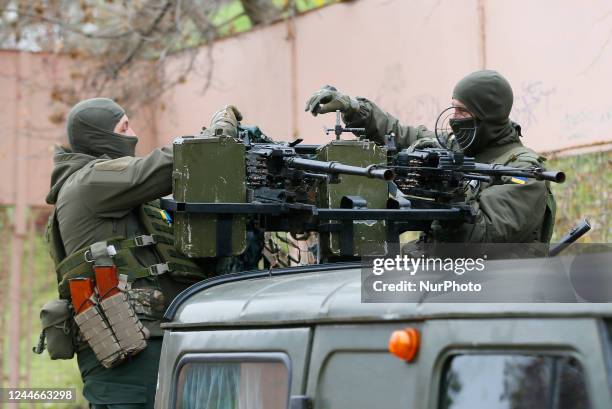 Ukrainian servicemen of National Guard operate with a homemade anti-aircraft machine gun to destroy drones presented in Mykolaiv, Ukraine 9 November...